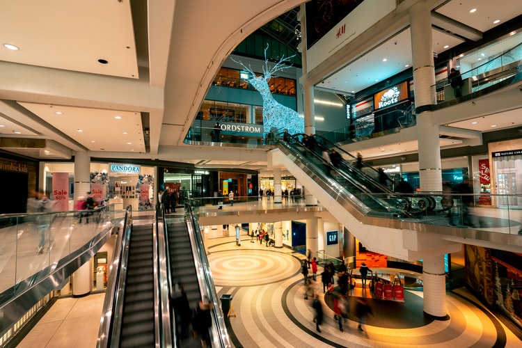 inside shopping mall with escalator